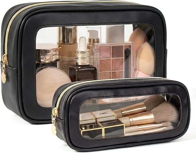 2Pcs Clear Makeup Bags Set, Clear Travel Makeup Brush Holder Leather Makeup Case Toiletry Bag with Zipper Portable Cosmetic Pouch Waterproof Makeup Brush Storage Bag Car Bag for Essentials (Black Set)