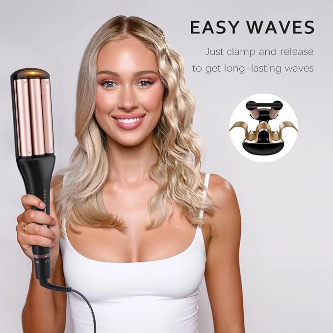 4 in 1 Crimper Hair Tool - Hair Waver with Adjustable Depths for 4 Wavy Styles, Beach Waves Curling Iron with 3 Ceramic Barrels, 4 Temperatures, Dual Voltage, Glove & Clips, for Women (Gold)
