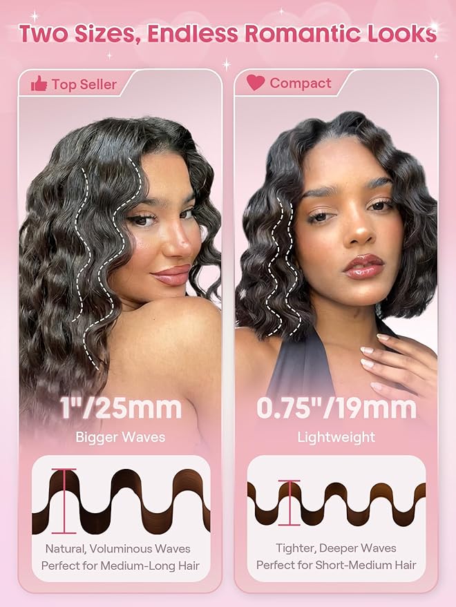 SHEGLAM Pink Beach Wave Hair Waver 0.75 inch - Lightweight Dual Voltage Crimper for Women, Smart Timer Double Barrel Tool with Adjustable Temps & Anti-Scald for Mermaid Waves on Short Hair