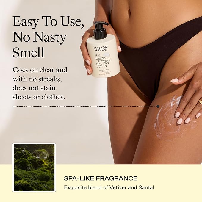 Sun Bronzed Gradual Self Tanning Lotion Australian Made 6.8 fl.oz | Moisturizing & Firming Self Tanner with Peptides | Streak-Free Luxe Sunless Tanner With Vetiver & Santal | Everyday Humans