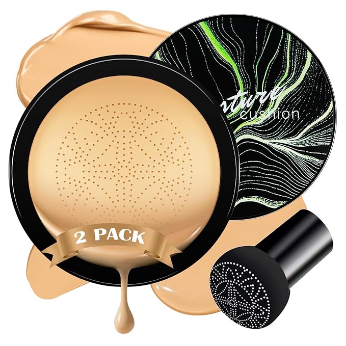 Air Cushion CC Cream Foundation - Mushroom Head BB Cream Face Makeup Moisturizing Concealer Brighten Long-Lasting, Even Skin Tone for All Skin Types (2 PCS Beige)