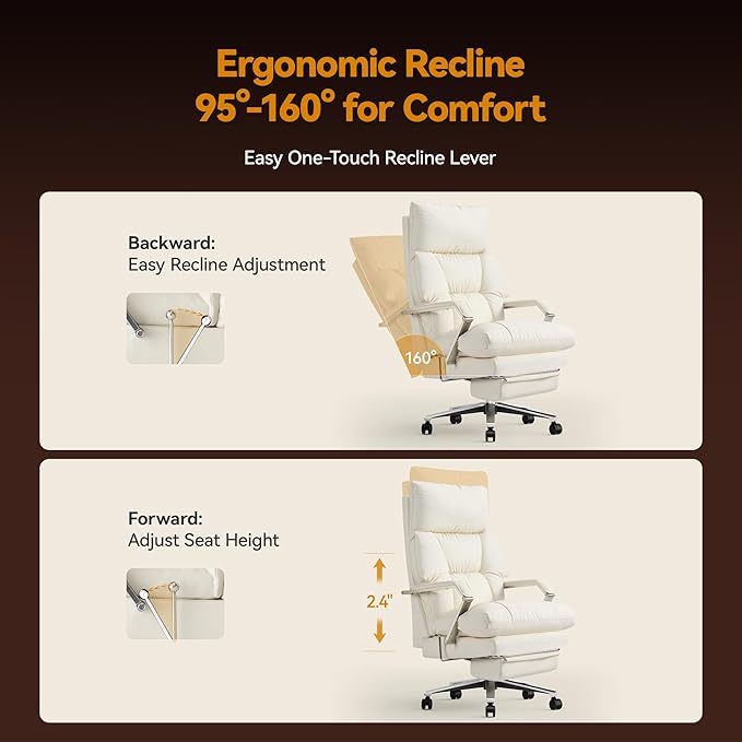 M76 160° Reclining Executive Office Chair with Footrest, Adjustable Seat Depth, 10" Thick Cloud Cushion Desk Chair, 420lb Heavy Duty High Back Leather Desk Chair for Home Office, Cream