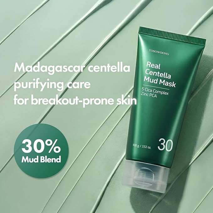 TOSOWOONG Real Centella Mud Mask for Blemish-Prone Skin with Witch Hazel, Tea Tree, Blackhead Remover, Pore Cleaner & Skin Relief, Cooling Quick Dry Formula Face mask, Korean Skincare, 100g / 3.52oz.