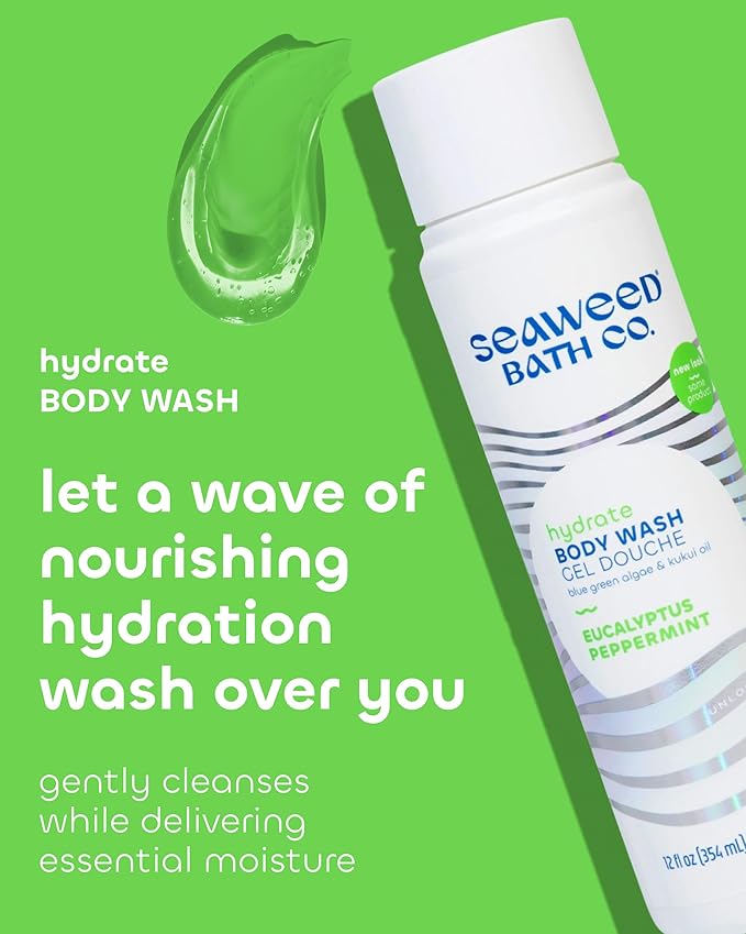 Seaweed Bath Co. Hydrate Body Wash - Eucalyptus Peppermint - Hydrating Lathering Cleanser with Nourishing Natural Ingredients - Vegan, Paraben and Sulfate Free Shower Gel - 12 oz (Pack of 2)