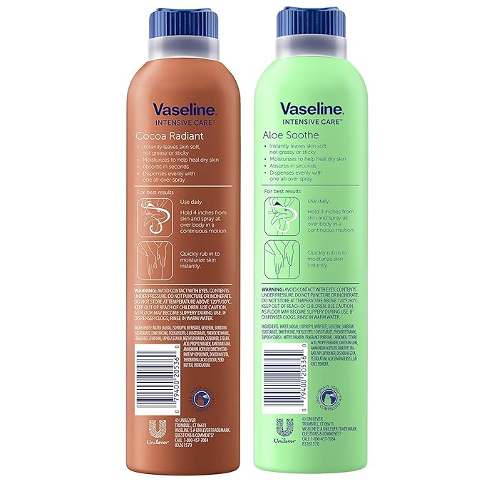 Vaseline Cocoa Radiant+ Aloe Soothe Spray Variety 2-Pack – Non-Greasy, Fast-Absorbing All-Over Moisturizer for Dry Skin, 6.5 Oz Ea