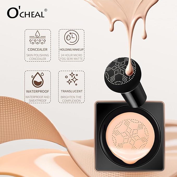 O'CHEAL Mushroom Head Air Cushion CC Cream,BB Cream Foundation Cream for Face Makeup Concealer Cushion for Face Comestics Make Up Long-Lasting Cushion Compact 01 IVROY