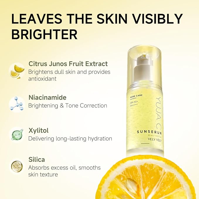 VELY VELY Yuja C Sunscreen Serum SPF 50+ PA++++, Korean Sunscreen UV Protection Lightweight Pore Care, Non-Sticky, No-Pilling Evens Out Skin Tone for Sensitive Skin 30ml/1.01 oz