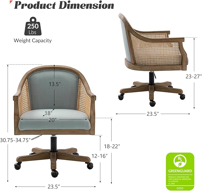 HULALA HOME Rattan Desk Chair, Upholstered Home Office Chair, Vintage Office Chair with Armrest, Adjustable Swivel Rolling Height Task Chair for Living Room Bedroom Study Room, Blue