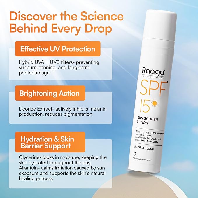 Raaga Professional Sunscreen Lotion SPF 15 | Broad Spectrum UVA & UVB Protection | Lightweight, Non-Greasy & Water-Resistant | Keeps Skin Hydrated | For All Skin Types | 1.86 Fl Oz/55ml