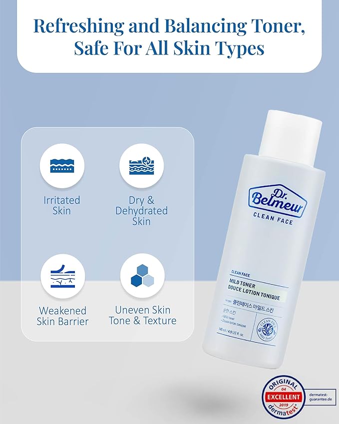 Dr. Belmeur Clean Face Mild Toner (4.9fl oz) - Soothing & Refreshing for Sensitive Skin. Korean Skin Care. Panthenol, Mint, Sage, Phytosphingosine.