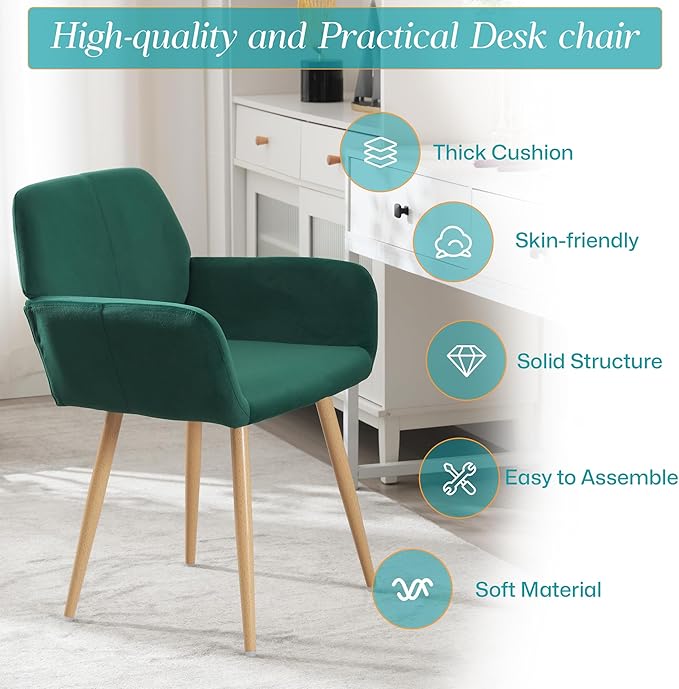 Home Office Velvet Desk Chair, Makeup Vanity Chair, Comfy Accent Armchair with Wood Grain Metal Legs, Cute Dining Chair with Hollowed Back, Dark Green