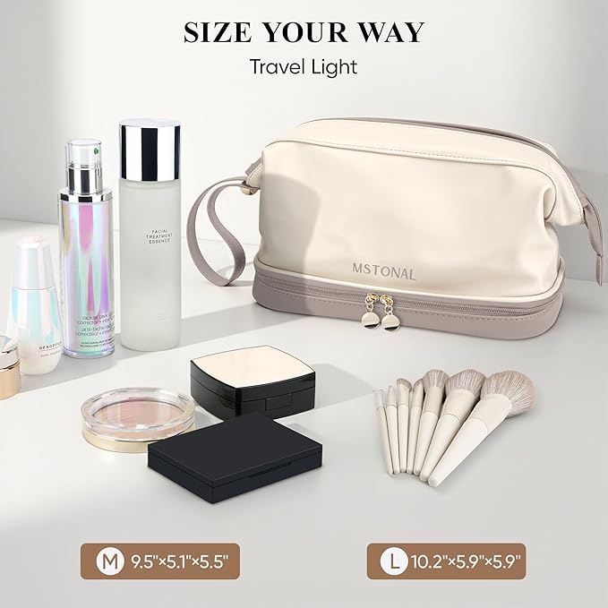 Travel Makeup Bag, Large Capacity Double Layer Cosmetic Bags for Women, Waterproof Portable Make Up Skincare Pouch with Makeup Brush Organizer, Toiletry Bag for Essentials, Beige & Sand
