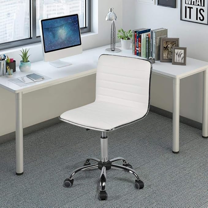 Yaheetech Adjustable Task Chair PU Leather Low Back Ribbed Armless Swivel White Desk Chair Office Chair Wheels