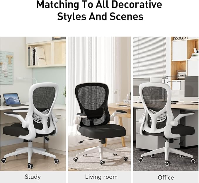 Hbada Office Chair Ergonomic Desk Chair, Office Desk Chairs with PU Silent Wheels, Breathable Mesh Computer Chair with Adjustable Lumbar Support, Flip-up Armrests, Tilt Function, White