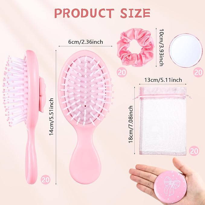 20Sets-80Pcs Coquette Party Favor Pink Party Favors Hair Brushes Foldable Mini Combs Pocket Cosmetic Mirrors Hair Scrunchies Accessories for Women Birthday Bridal Back to School Supplies