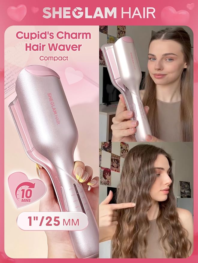 SHEGLAM Pink 1 Inch Hair Waver for Women - Double Barrel Crimper Tool for Mermaid Beach Waves, Lightweight with Smart Timer & Adjustable Temps, Dual Voltage Anti-Scald Easy to Use for Short Hair