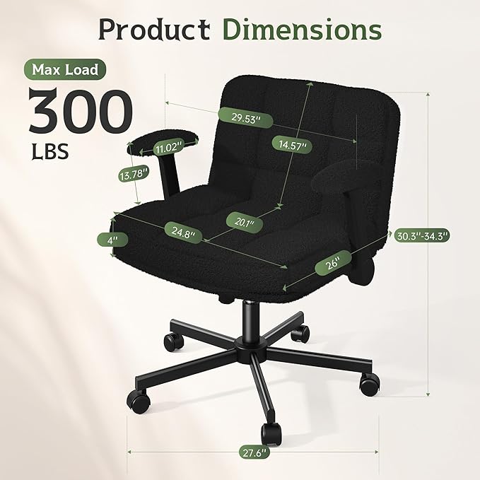 Criss Cross Chair with Wheels, Cross Legged Office Chair with Flip-up Armrests, Wide Desk Chair for Bedroom, Home Office, Apartment, Plush Fabric, Black