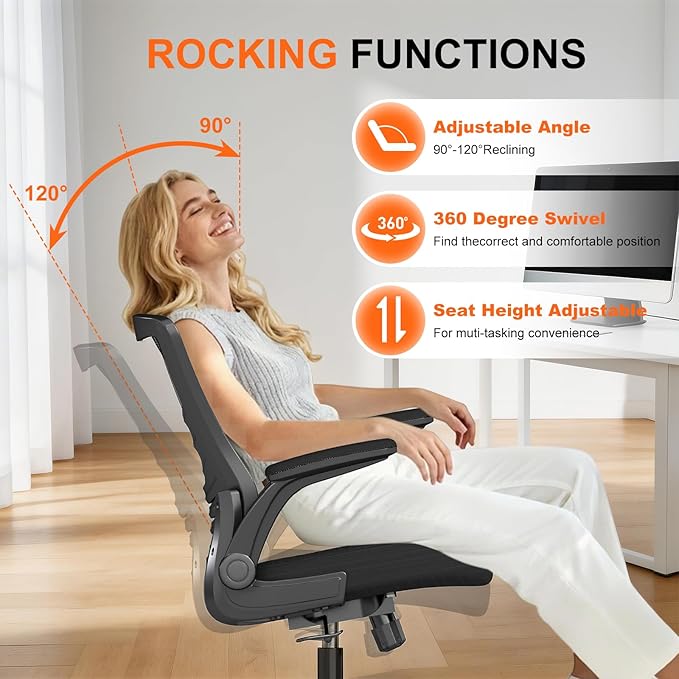 Ergonomic Office Chair – Comfy Mesh Desk Chair with Flip-Up Armrests & Silent Wheels, Adjustable Height Home Computer Chair, Breathable & Supportive for Long Hours Sitting