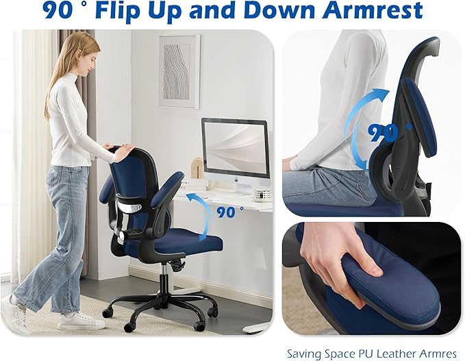 TRALT Ergonomic Office Chair - Desk Chair with Adjustable Lumbar Support Computer Chair - Mesh Comfy Chair with Flip-up Armrests - Gaming Chairs for Adults Home Office (PU Leather, Navy Blue)
