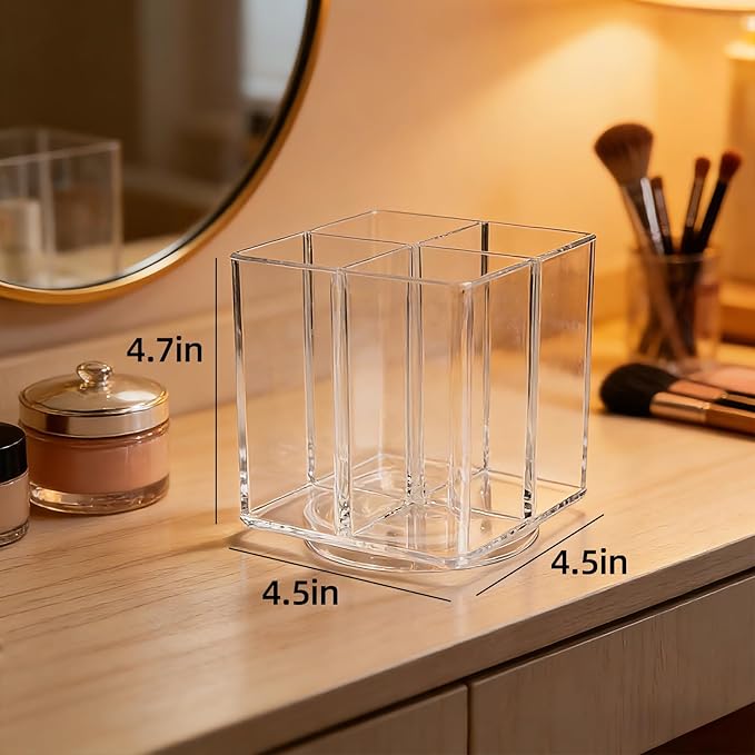 Acrylic Makeup Brush Holder, Clear Rotating Makeup Brush Holder Organizer, 4 Slot Square Make up Brush Stand for Vanity Desk Countertop Bathroom