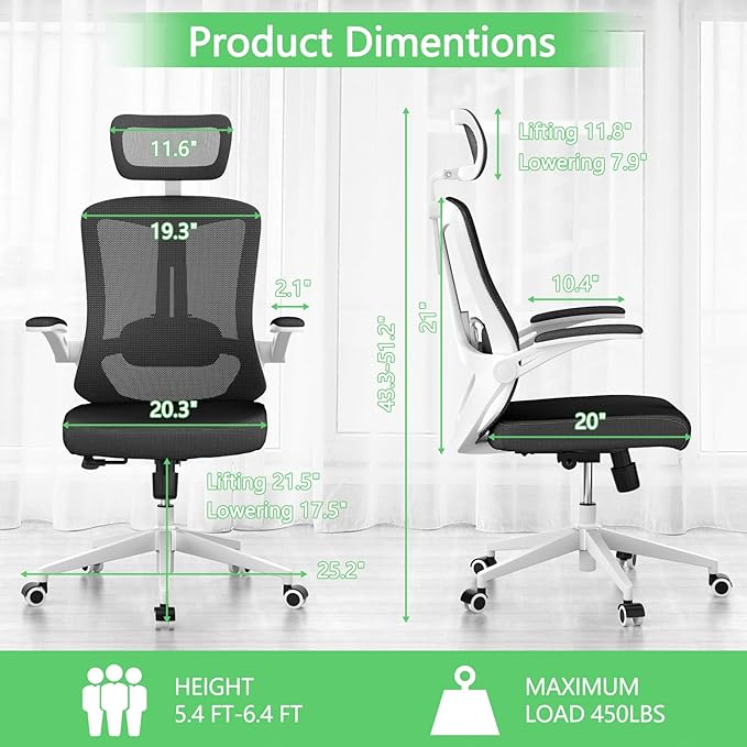 Office Chair Desk Chair, Ergonomic Mesh Computer Chair with 90-130° Recline & 360° Smooth-Rolling Casters, Lumbar Support Task Chair for Home Office, Comfortable for Women, Teens(B-Black)