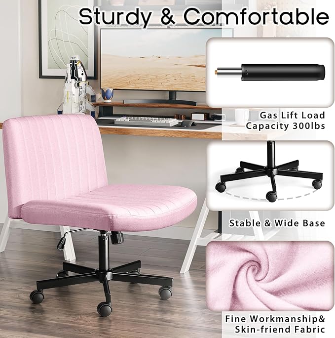 PUKAMI Criss Cross Chair,Comfy Cross Legged Office Desk Chair No Wheels,Modern Fabric Swivel Adjustable Height Mid Back Wide Seat for Home Office Computer (Pink with Wheels)