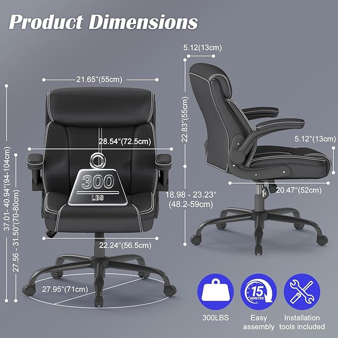 AnyGod 1Pcs Office Chair for Men Women Home Office Pu Leather High Back 360 Swivel Rocking Function Ergonomic Chair with Flip-Up Arms Lumbar Support Rolling Wheels Adjustable Height -Black Size