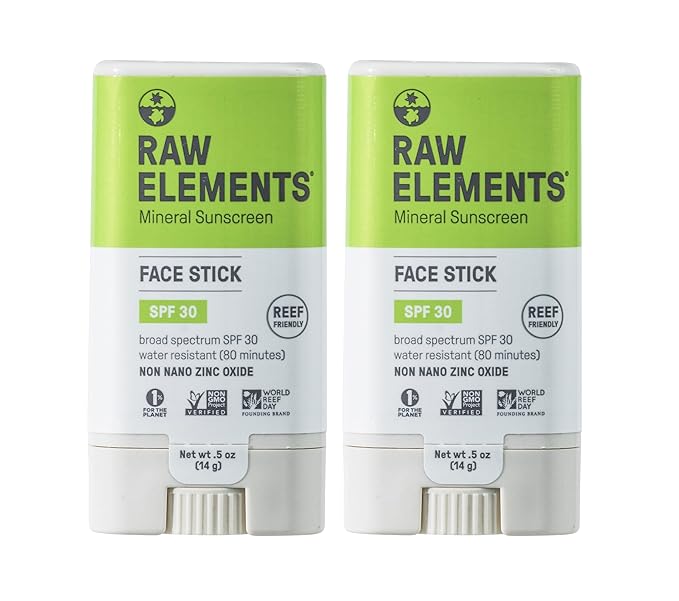 Raw Elements Face All-Natural Mineral Sunscreen Stick, Non-Nano Zinc Oxide, 95% Organic, Water-Resistant 80 Min, Reef Safe, All Ages Safe, SPF 30+, Travel Sunblock 0.5 oz 2PK