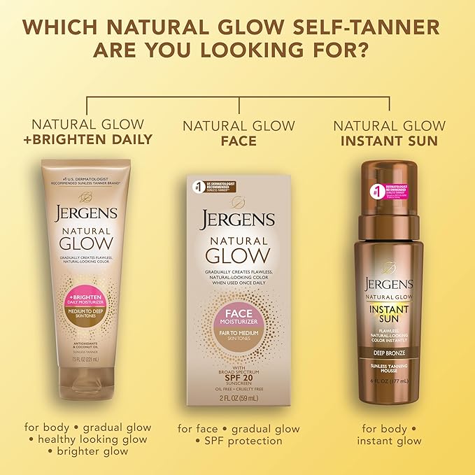 Jergens Natural Glow Self Tanner Body Lotion, Sunless Tanning, Medium to Deep Skin Tone, Daily Moisturizer with Coconut Oil, Vitamin E and Antioxidants, 7.5 Oz