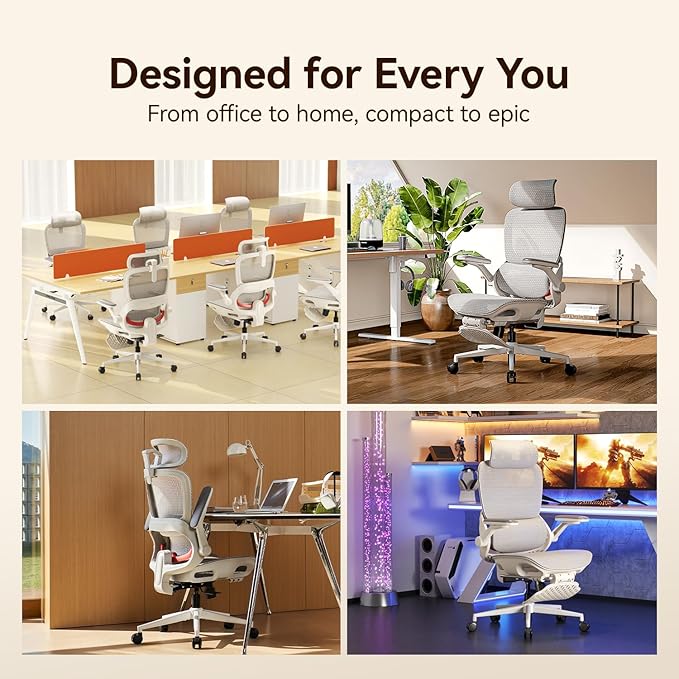 SIHOO B100 PRO Ergonomic Office Chair with Footrest, Mesh Office Chair with Adaptive Lumbar Support, Computer Chair with Wide Headrest, Desk Chair with 360° Rotatable Flip-Up Armrests, Light Grey