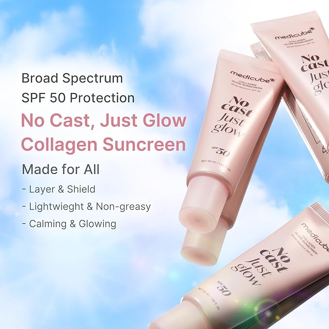 medicube No Cast Just Glow Collagen Sunscreen | SPF 50 Broad Spectrum Face Sunscreen | Lightweight, Non-Sticky, Hydrating Formula | Peptide, Cica for Soothing & Glow | Korean Skincare