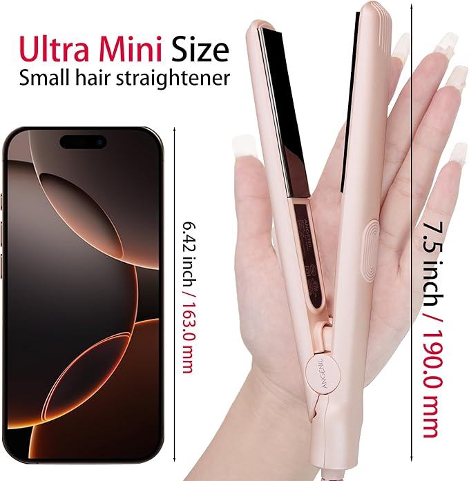 ANGENIL Ultra Mini Flat Iron for Short Hair, Dual Voltage Mini Hair Straightener, Small Flat Iron 0.7 Inch, Travel Size Anti Scalding Silicone Hair Straightener, Suitable for Short Hair, Bangs, Fine