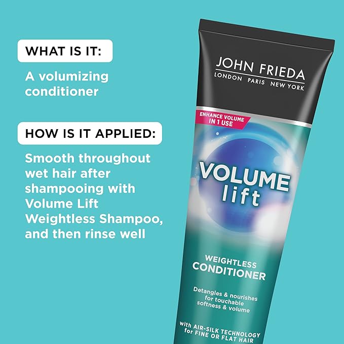 John Frieda Volume Lift Weightless Conditioner, Lightweight Volumizing Conditioner with Air-Silk Technology for Fine or Flat Hair, Adds Natural Fullness, Safe for Color-Treated Hair, 8.45 Oz
