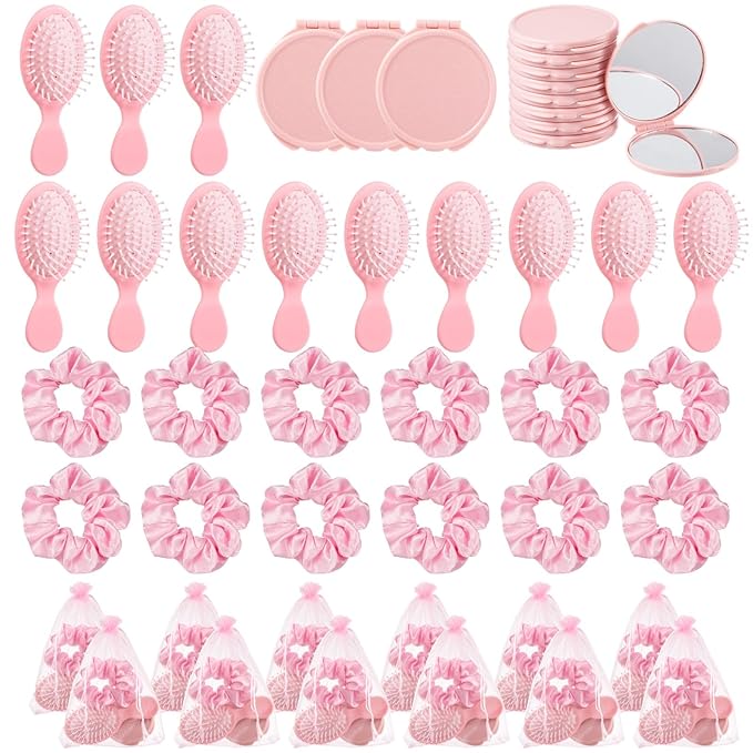 48 Pcs Pink Party Favors, Pink Makeup Party Supplies, Including Hair Brushes, Elastic Scrunchies, Pocket Cosmetic Mirrors, and Organza Bags, Makeup Brush Accessories (48PCS)