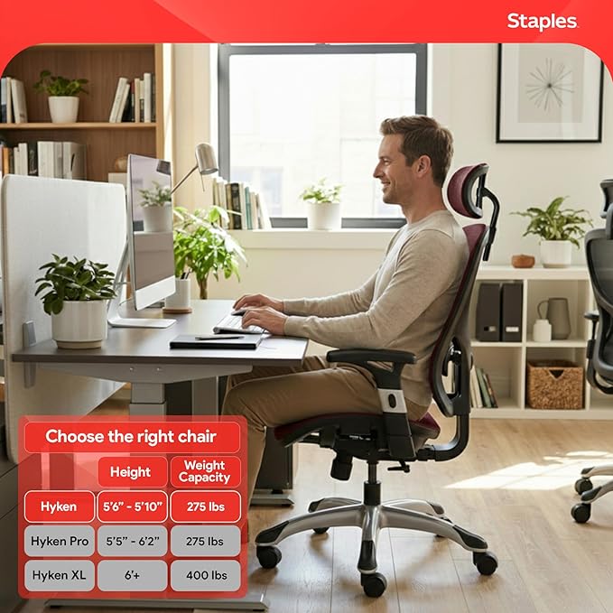 STAPLES Hyken Ergonomic Task Chair, Mesh, Ergonomic, Lumbar Support, Swivel, Maroon