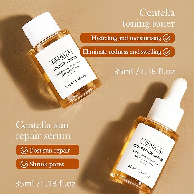 Centella Travel Kit, Toner, Sun Repair Serum, Soothing Cream, Cleansing Oil, Acne Cleansing Foam, Basic Mini Size Skin Care Kit Box & Gift Set for Women, Stocking Stuffers
