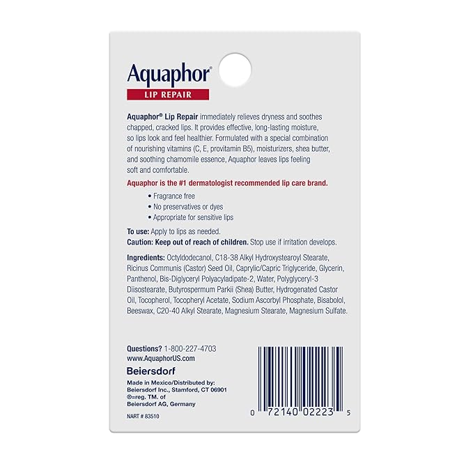 Aquaphor Lip Repair Ointment, Moisturizing Lip Balm Pack, Relieves Dryness, 0.35 Tube, Pack of 2