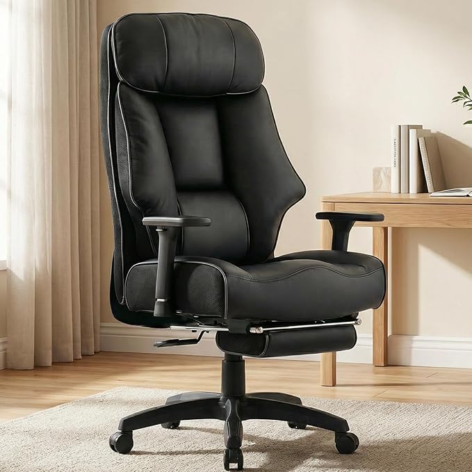 Big and Tall Office Chair 500lbs - 22.4" Extra Wide Seat Ergonomic Executive Chair, Heavy Duty High Back Leather Office Chair with Footrest, Lumbar Support & Adjustable Arm (All Black)