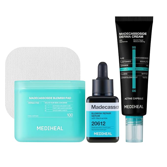 Mediheal Madecassoside Blemish Repair Skincare Bundle – Toner Pads (100ct) + Repair Serum + Derma Cream | Centella Asiatica Tone Care, Hydration & Skin Barrier Support