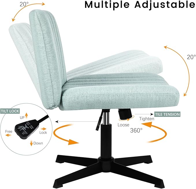 PUKAMI Criss Cross Chair,Comfy Cross Legged Office Desk Chair No Wheels,Modern Fabric Swivel Adjustable Height Mid Back Wide Seat for Home Office Computer (Mint Green)