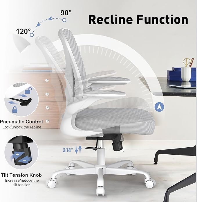 Mesh Office Chair with Adjustable Lumbar Support and Flip-up Arms, Ergonomic Home Office Desk Chair with Wheels, Grey