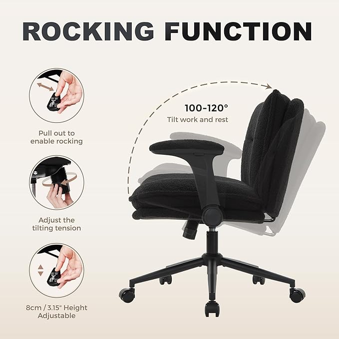 Criss Cross Legged Office Chair with Wheels and Flip-Up Arms, Ergonomic Wide Seat Desk Chair with Thick Padded, Height Adjustable Criss Cross Chairs for Home Office, Bedroom,Apartment,Vanity,Black
