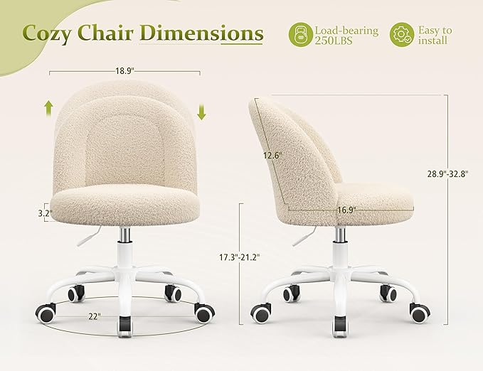 Vanity Chair with Back, Cute Desk Chair with Wheels, Armless Office Chair Height Adjustable, Soft Lumbar Support for Small Space, Bedroom, Light Yellow