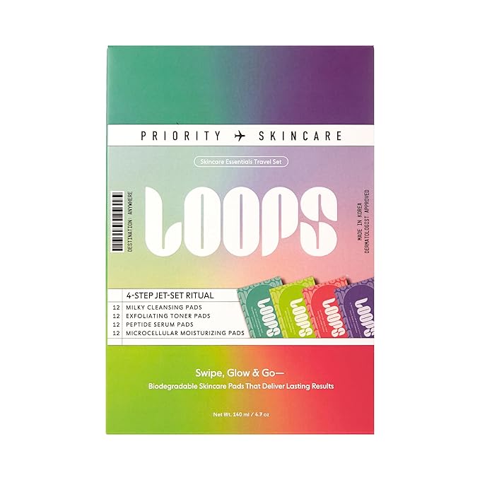 LOOPS 4-Step Essentials Skincare Kit with 12 Travel Vegan, Natural, Biodegradable Gentle Skincare Pads Each - Moisturizer, Toner, Peptide, and Milky Cleanser - Pre-soaked Bamboo Pads - Pack of 48