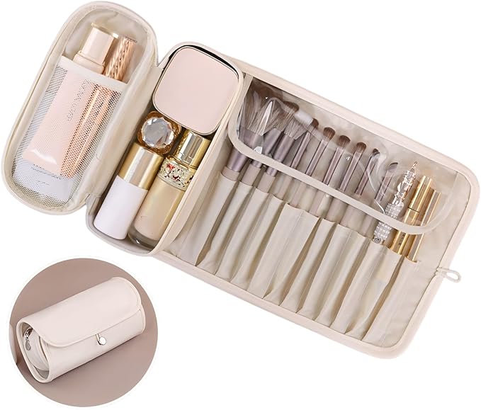 Luxury Leather Makeup Brush Case, Professional Cosmetic Organizer Roll Bag, Travel Storage for Home and Work (white)