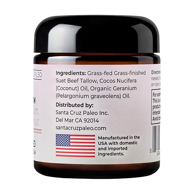 Santa Cruz Paleo, Suet Beef Tallow, Geranium & Coconut Moisturizer, Organic, Grassfed Beef Tallow Skin Care, Non-Comedogenic Face & Body Moisturizer for Sensitive Skin, Geranium & Coconut, 3.5 Oz