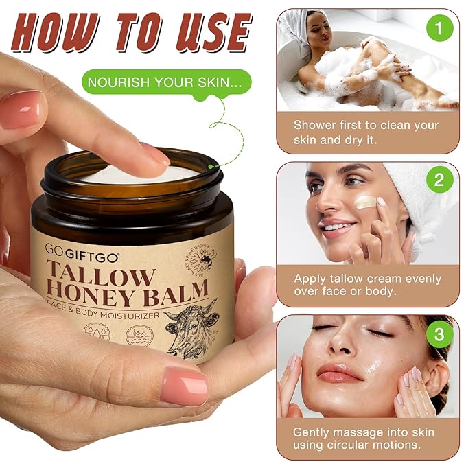 Beef Tallow for Skin,Beef Tallow for Face,Beef Tallow and Honey Balm,Grass Fed Whipped Tallow Honey Balm,Natural Moisturizer Hydrates,Deeply Nourishes the Skin, Enhances Natural Radiance