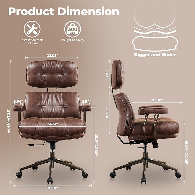 ovios Ergonomic Office Chair, High Back Faux Leather Executive Chairs with Thick Cushion, Comfy Mid-Century Modern Swivel Rolling Computer Armchair (Dark Brown, Suede Leather)