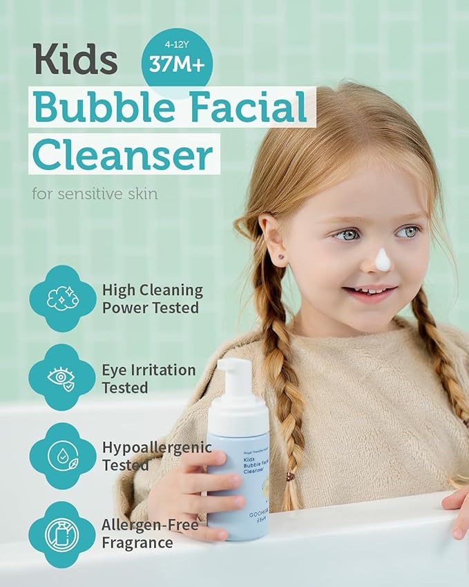 GOONGBE Kids Facial Bubble Wash and Lotion- Korean Low pH Face Cleanser & Moisturizer with Cica & Panthenol - Allergen-Free Formula 3.38 fl.oz. & 2.7 oz.