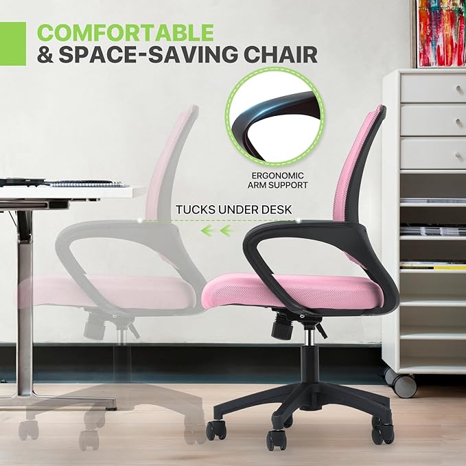 Magshion Ergonomic Office Chair 20 Pack, Mid-Back Mesh Desk Chair, Adjustable Swivel Computer Chair with Lumbar Support & Breathable Backrest for Gaming, Work, Study, 300 Lbs Capacity, Pink